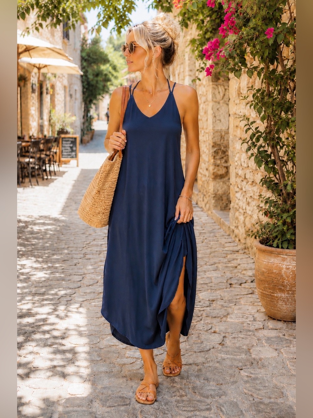 Women's L Blue Solid V-Neck Strappy Sleeveless Maxi Slip Dress Polyester - Picture 10 of 10